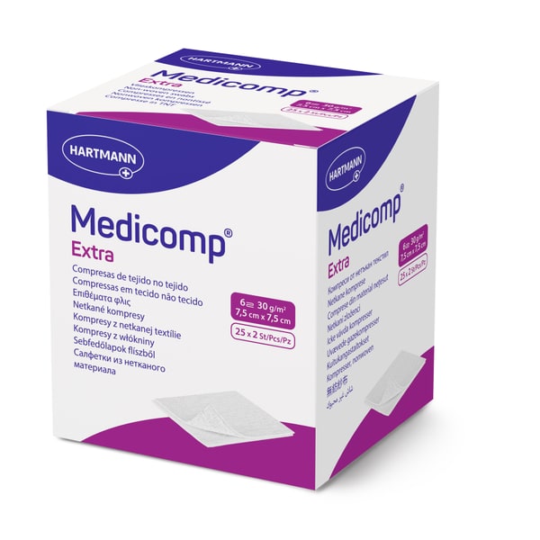 Gaaskompres Medicomp 7,5 x 7,5 cm per 2 stuks 6 laags, foto 2 van 2
